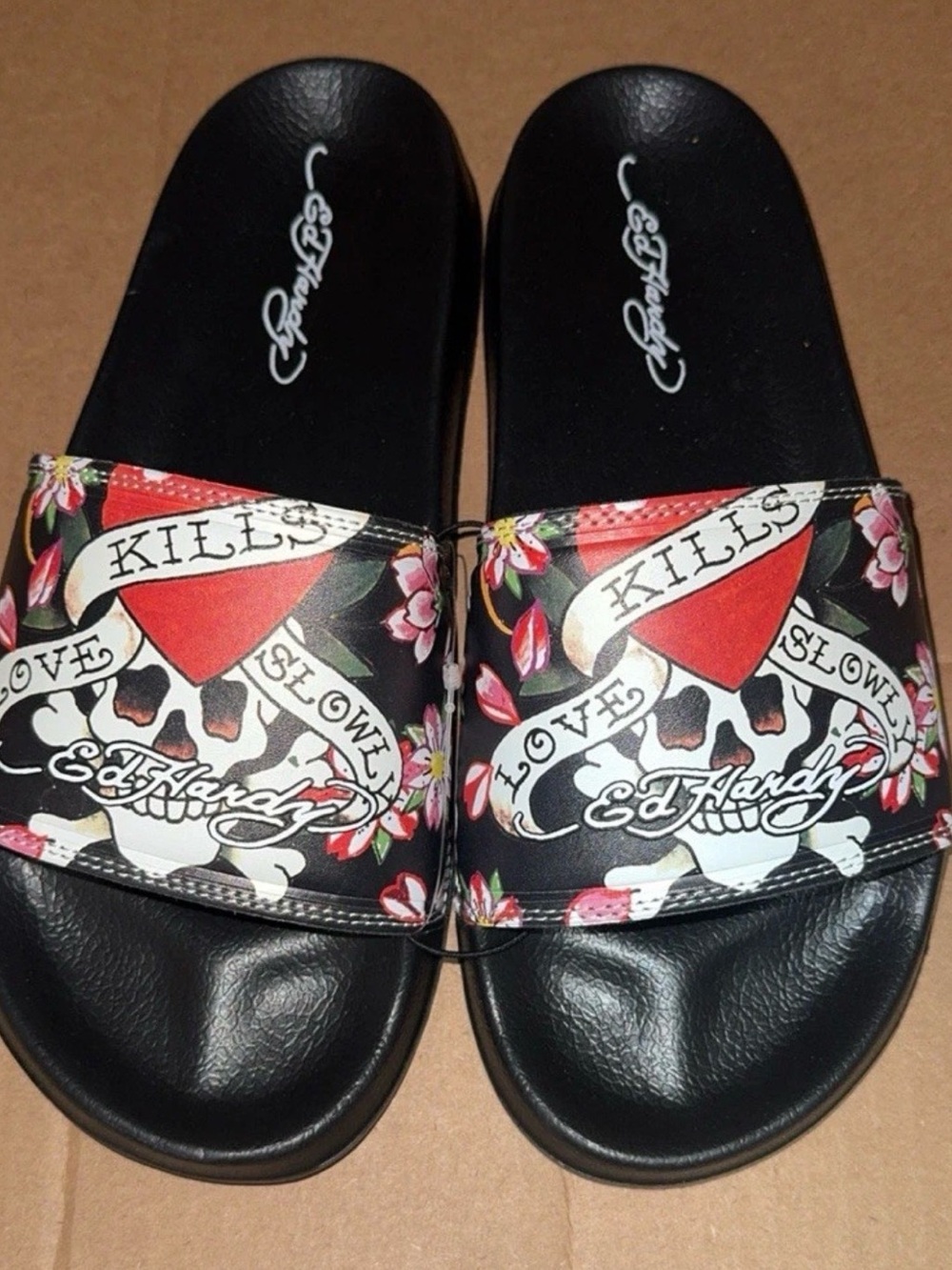 Ed Hardy Black Slides with Red Heart and Pink Floral Accents